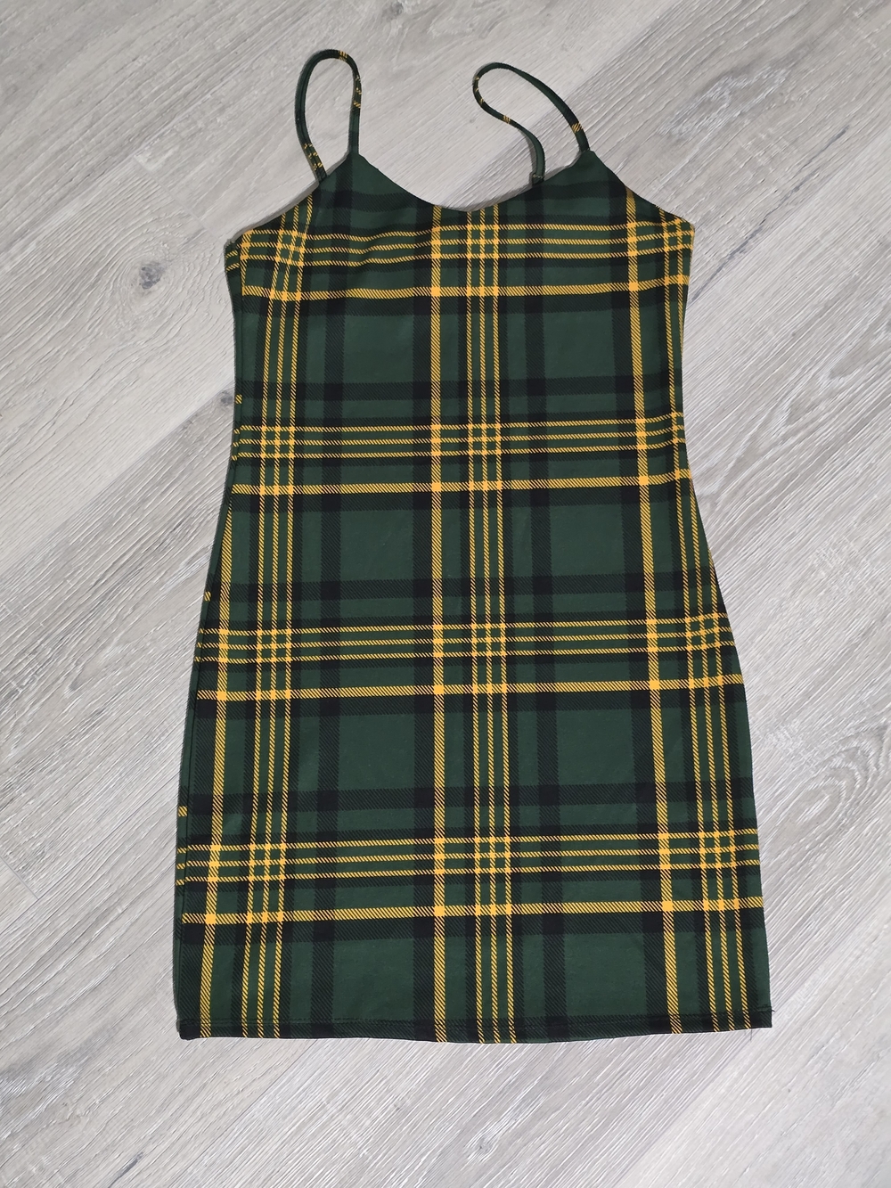 Green Plaid Midi Slip Dress with Yellow Accent